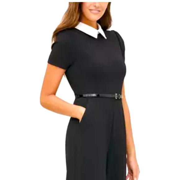 Collard Crepe Jumpsuit, Black, Flare Leg - Picture 4 of 8